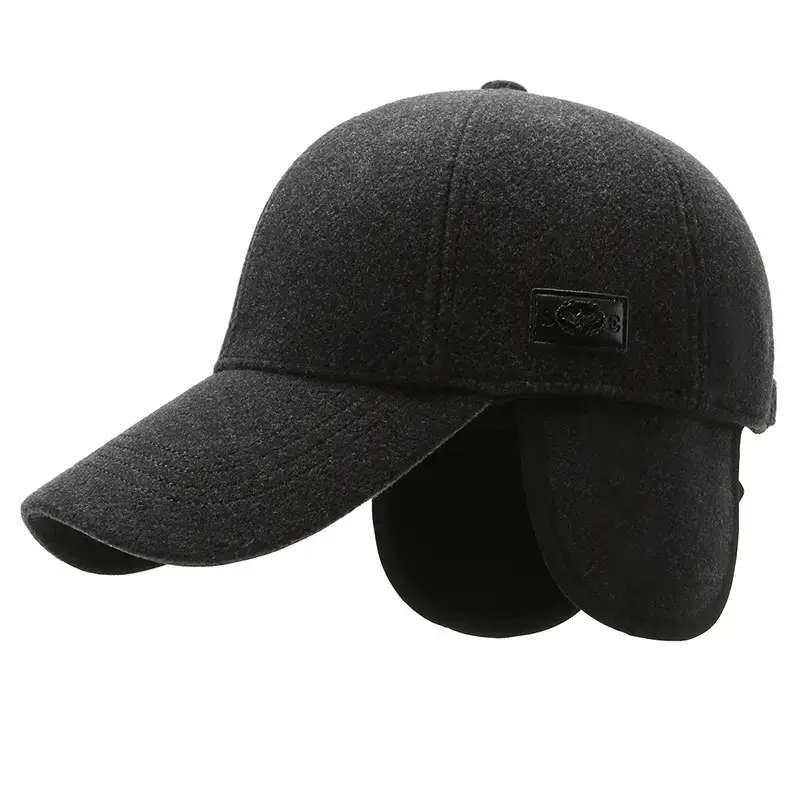 Men's Black Wool Baseball Cap with Ear Protection - Image 8