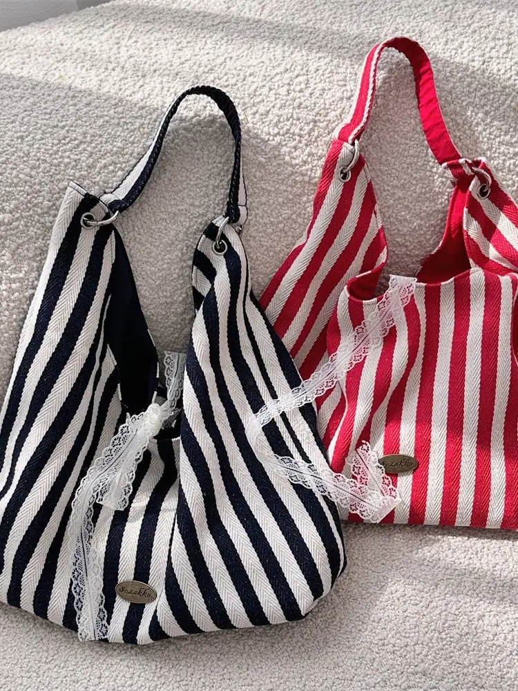 Vertical Stripe Canvas Shoulder Bag Red Black Striped - Image 4