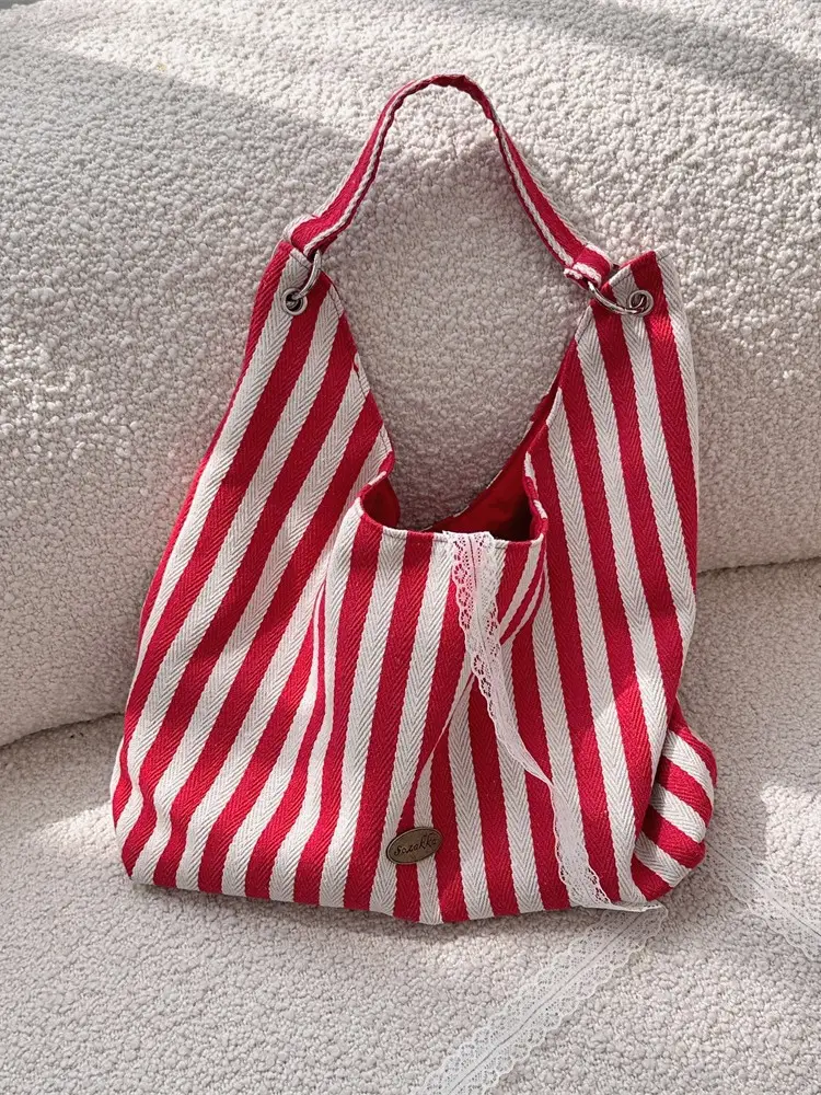 Vertical Stripe Canvas Shoulder Bag Red Black Striped - Image 5
