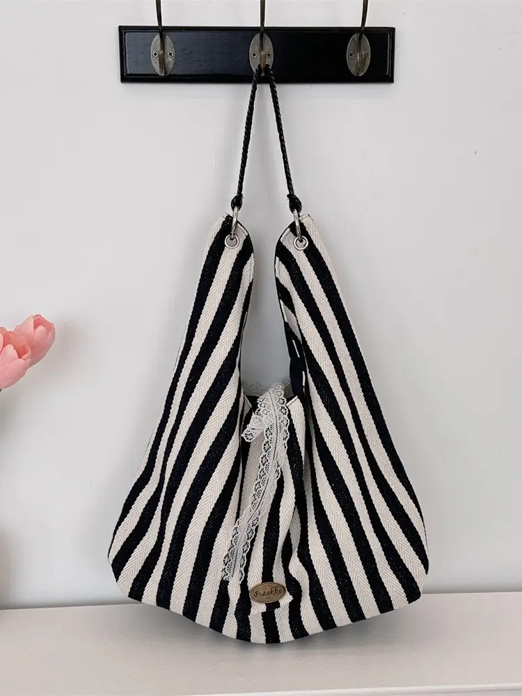 Vertical Stripe Canvas Shoulder Bag Red Black Striped - Image 6
