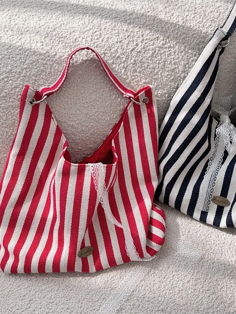 Vertical Stripe Canvas Shoulder Bag Red Black Striped - Image 7