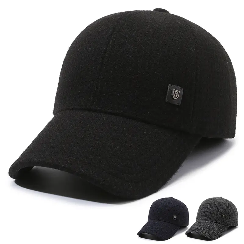 Men's Black Fleece Baseball Cap Windproof Winter Warm