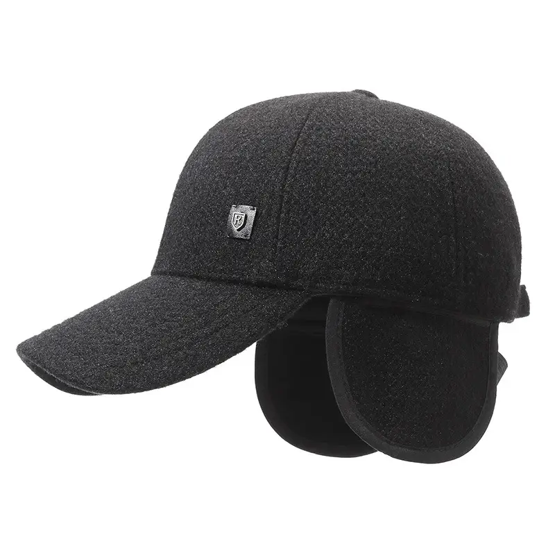Men's Black Fleece Baseball Cap Windproof Winter Warm
