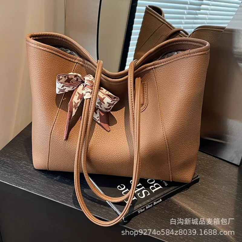 Women's Brown PU Shoulder Bag with Bow Design - Image 6