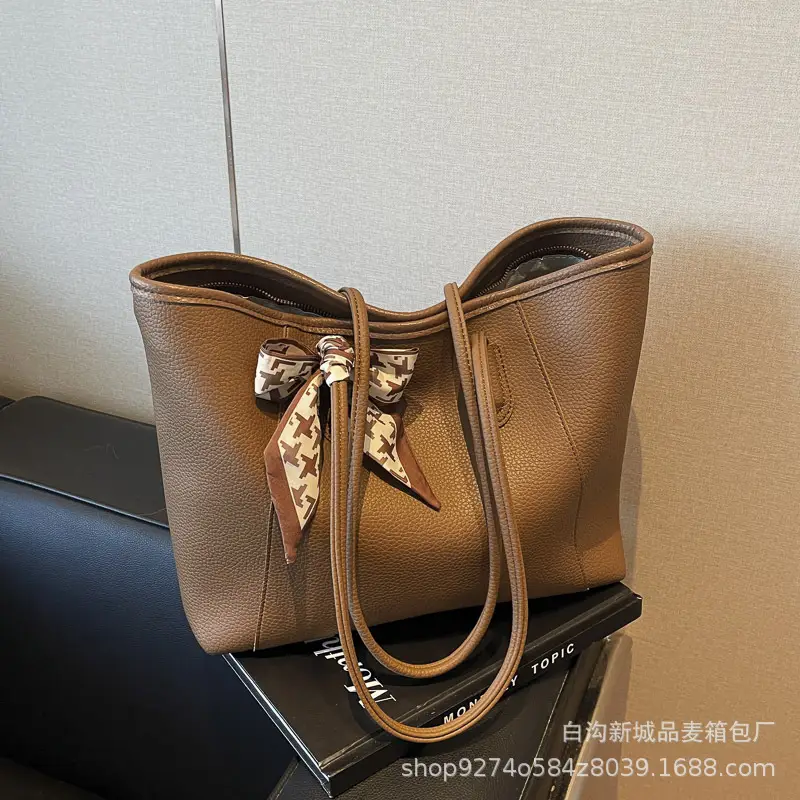 Women's Brown PU Shoulder Bag with Bow Design - Image 3