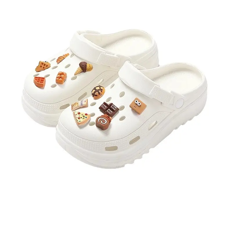 Women White Croc Croc Shoes with Cartoon Decor & Thick Soles