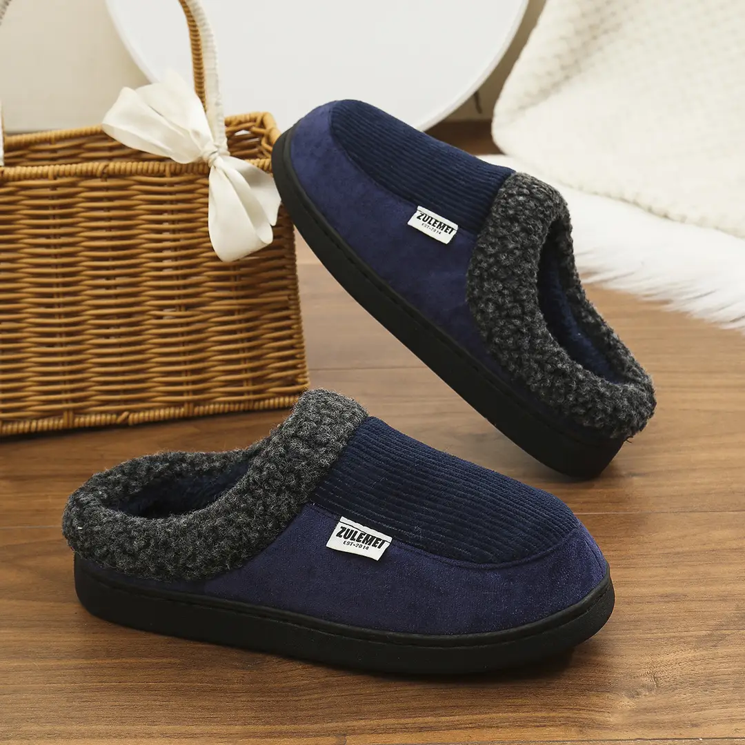 Cross-Border New Style Striped Straight Cotton Slippers, Home Non-Slip Furry Slippers, Winter Thickened and Fleece-Lined Cotton Slippers