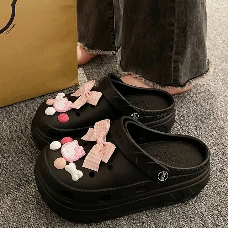Women Croc Sandals Black Bow Decor 2023 - Image 2