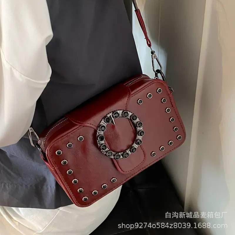 Women's Brown Leather Crossbody Bag with Studded Strap - Image 6