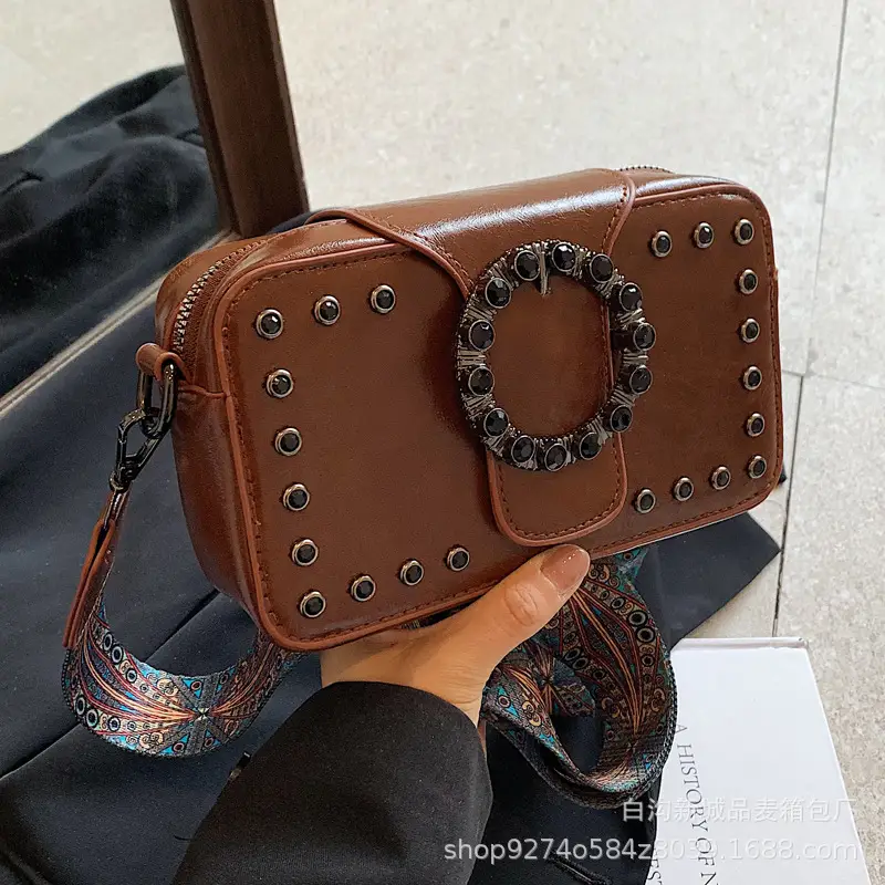 Women's Brown Leather Crossbody Bag with Studded Strap - Image 7
