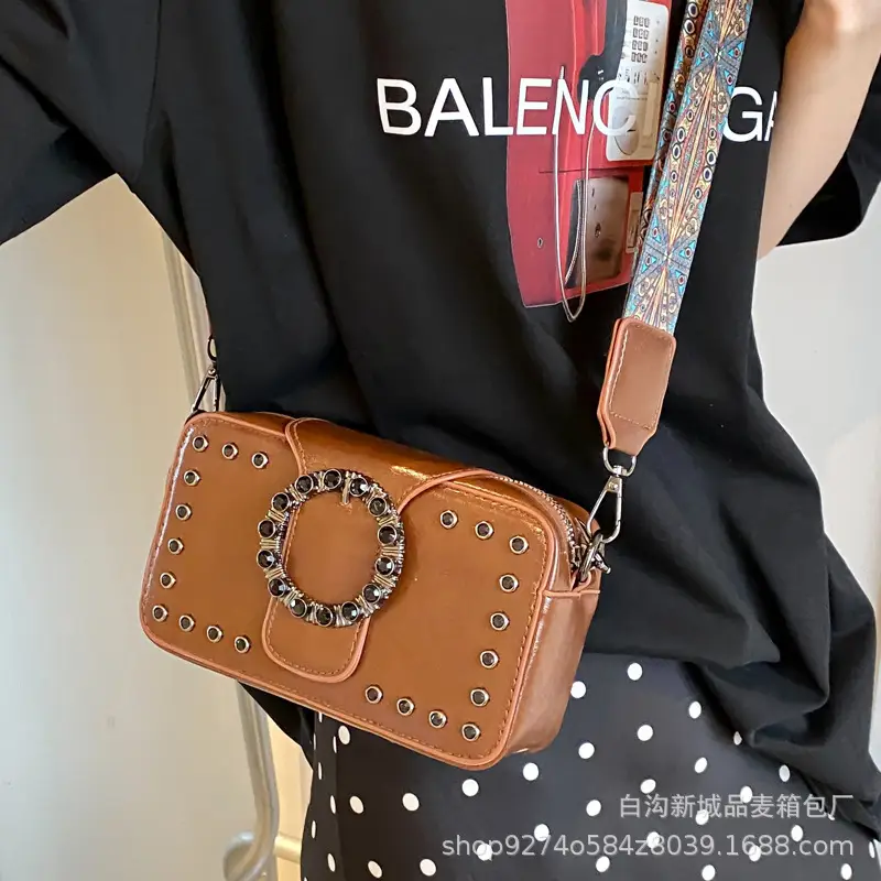 Women's Brown Leather Crossbody Bag with Studded Strap - Image 8