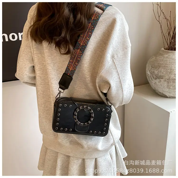 Women's Brown Leather Crossbody Bag with Studded Strap — feature 11