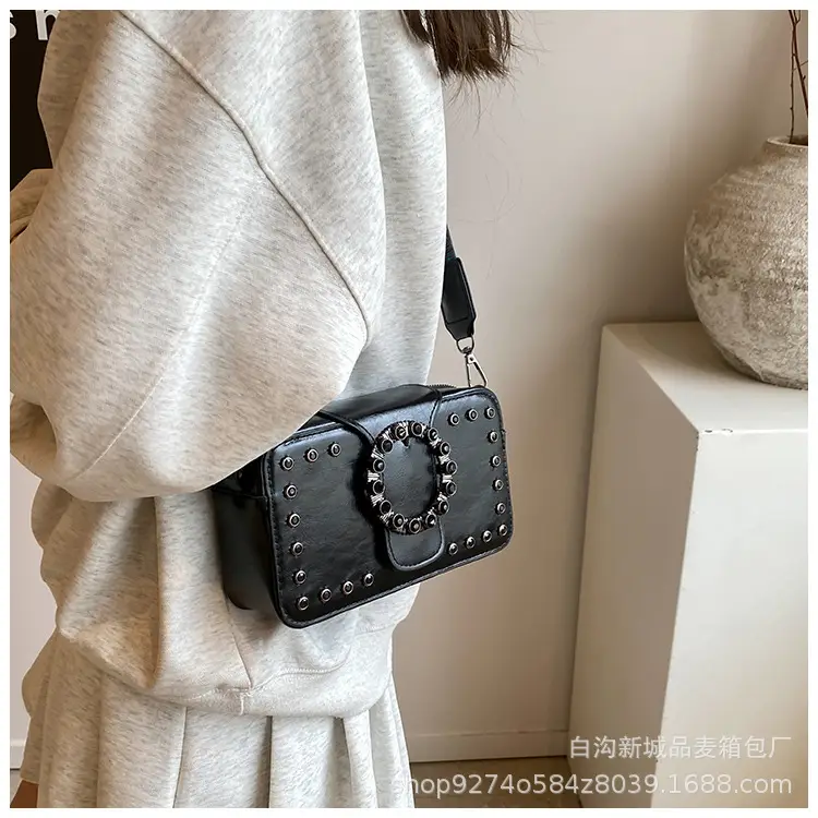 Women's Brown Leather Crossbody Bag with Studded Strap — feature 15