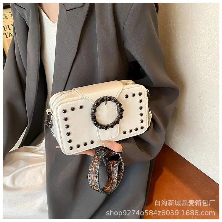 Women's Brown Leather Crossbody Bag with Studded Strap — feature 18