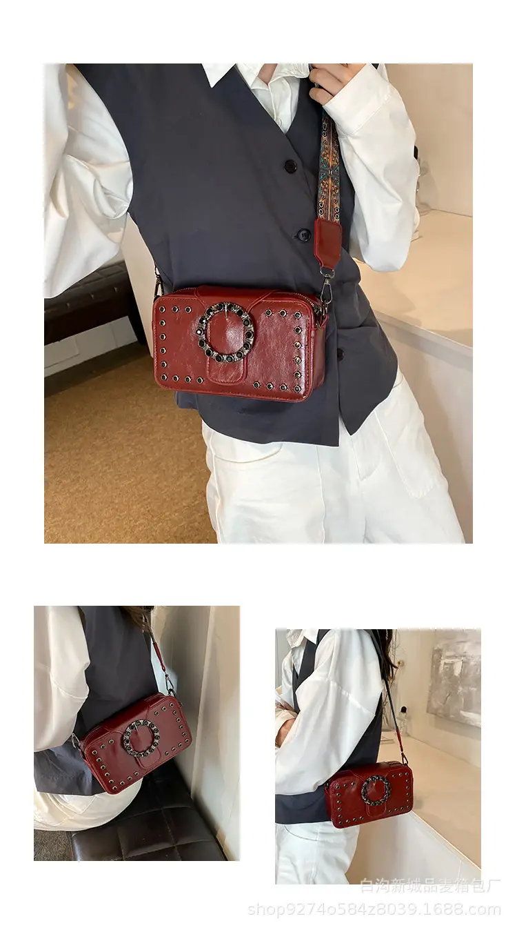 Women's Brown Leather Crossbody Bag with Studded Strap — feature 2