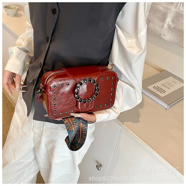 Women's Brown Leather Crossbody Bag with Studded Strap — feature 22