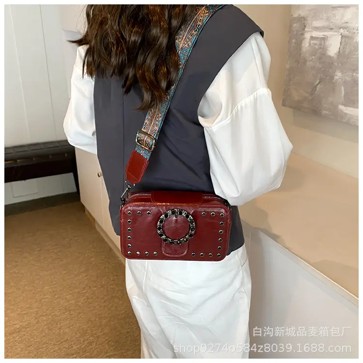 Women's Brown Leather Crossbody Bag with Studded Strap — feature 23