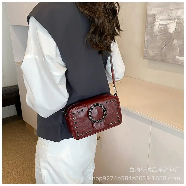Women's Brown Leather Crossbody Bag with Studded Strap — feature 24
