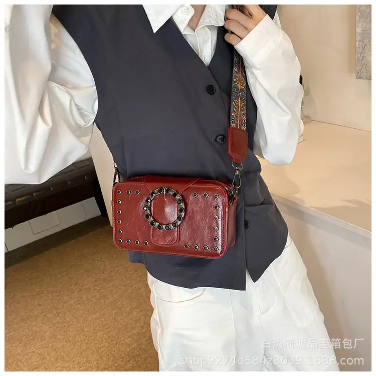 Women's Brown Leather Crossbody Bag with Studded Strap — feature 25
