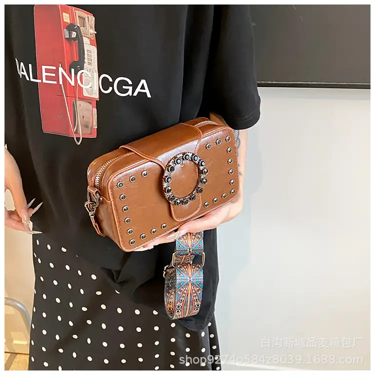 Women's Brown Leather Crossbody Bag with Studded Strap — feature 26