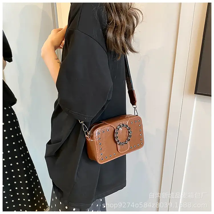 Women's Brown Leather Crossbody Bag with Studded Strap — feature 27