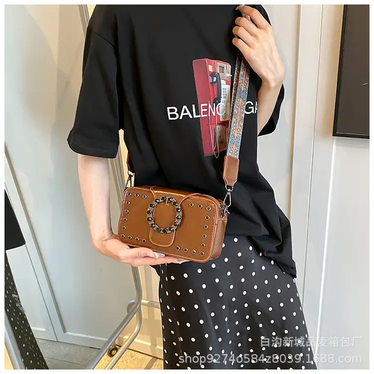 Women's Brown Leather Crossbody Bag with Studded Strap — feature 28