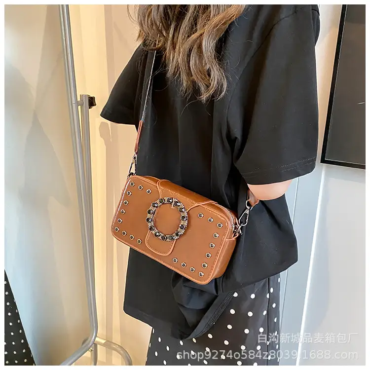 Women's Brown Leather Crossbody Bag with Studded Strap — feature 29