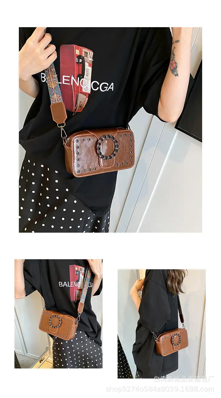 Women's Brown Leather Crossbody Bag with Studded Strap — feature 4