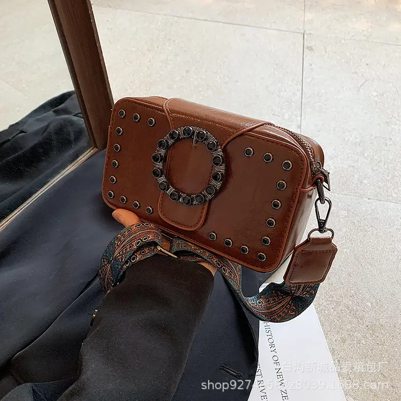 Women's Brown Leather Crossbody Bag with Studded Strap - Image 2