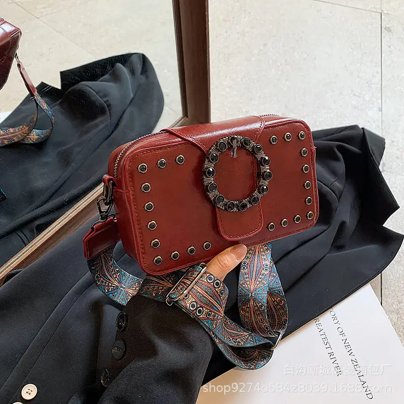 Women's Brown Leather Crossbody Bag with Studded Strap - Image 3