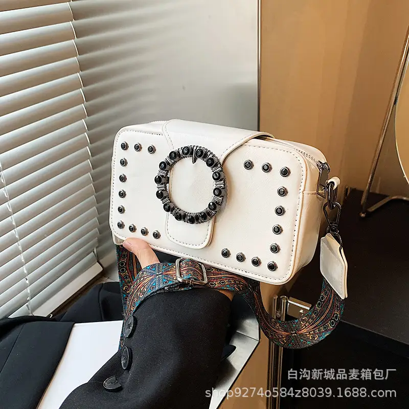 Women's Brown Leather Crossbody Bag with Studded Strap - Image 4