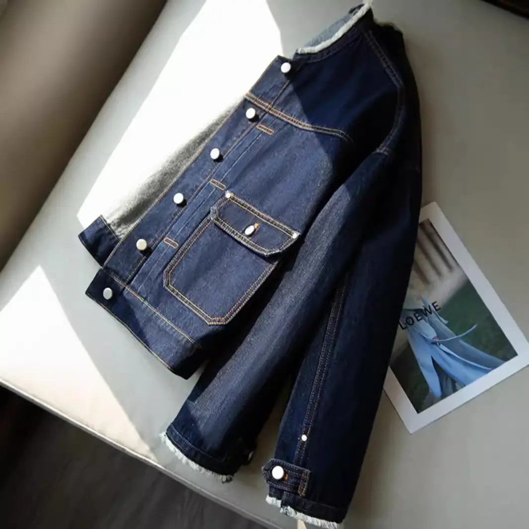 Women Denim Jacket Dark Blue Washed Stand Collar - Image 3
