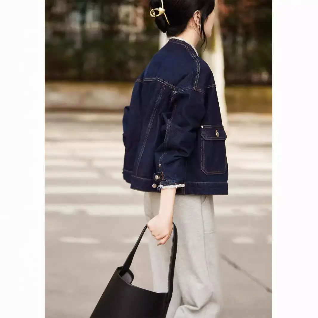 Women Denim Jacket Dark Blue Washed Stand Collar - Image 4