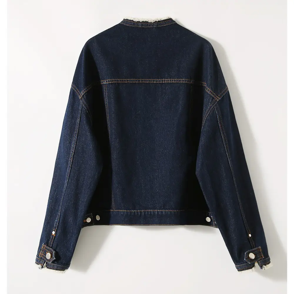 Women Denim Jacket Dark Blue Washed Stand Collar - Image 5