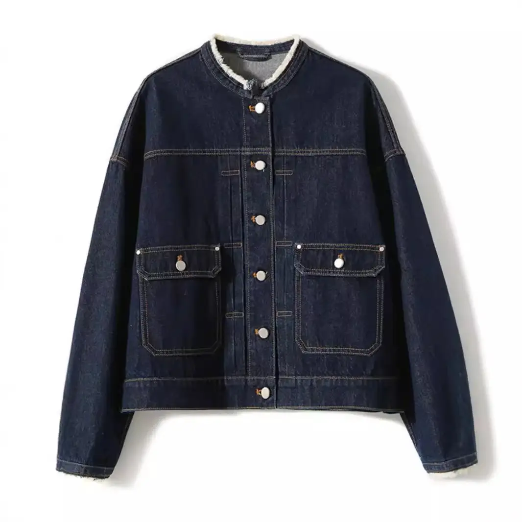 Women Denim Jacket Dark Blue Washed Stand Collar - Image 6