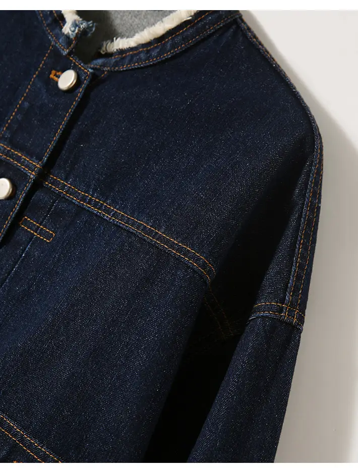 Women Denim Jacket Dark Blue Washed Stand Collar — feature 12