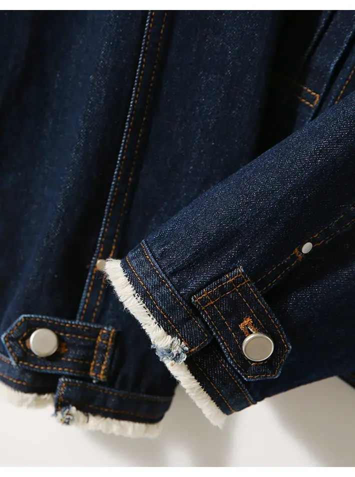 Women Denim Jacket Dark Blue Washed Stand Collar — feature 14
