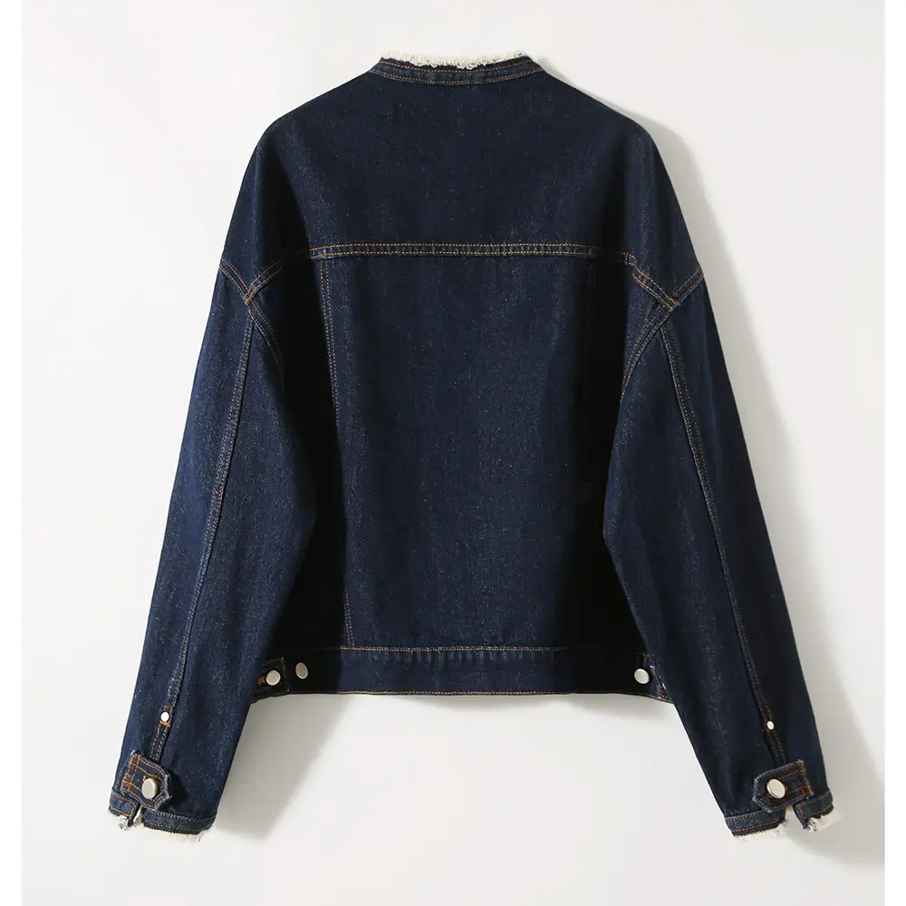 Women Denim Jacket Dark Blue Washed Stand Collar — feature 15
