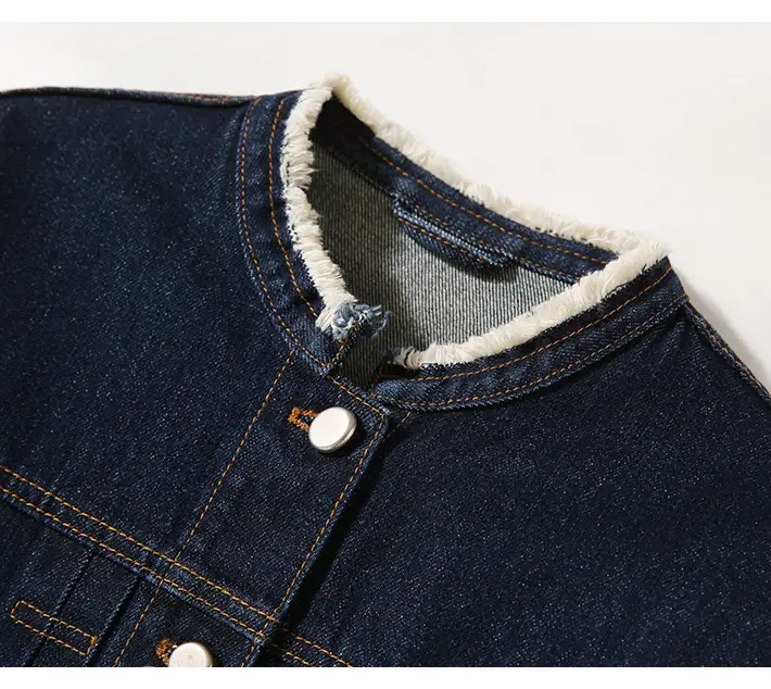 Women Denim Jacket Dark Blue Washed Stand Collar — feature 4