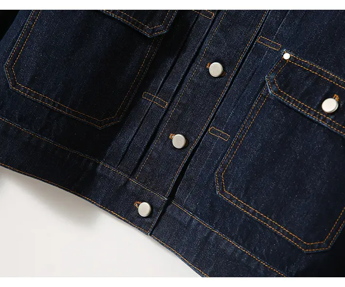 Women Denim Jacket Dark Blue Washed Stand Collar — feature 8