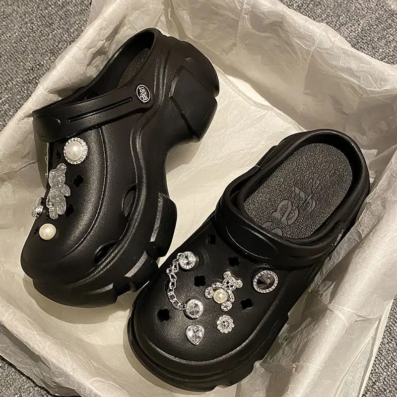 Black Rhinestone Women's Clogs Summer Sandals
