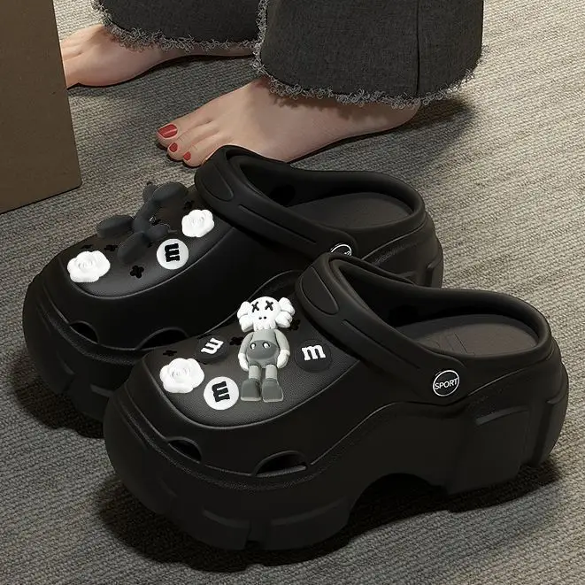 Women's Black Baotou EVA Sandals with Bear Earrings