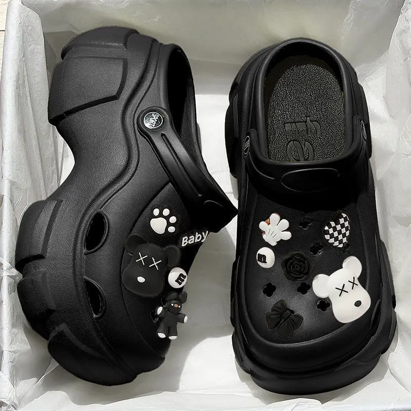 Women's Black Baotou EVA Sandals with Bear Earrings