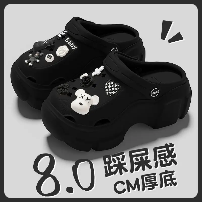 Women's Black Baotou EVA Sandals with Bear Earrings