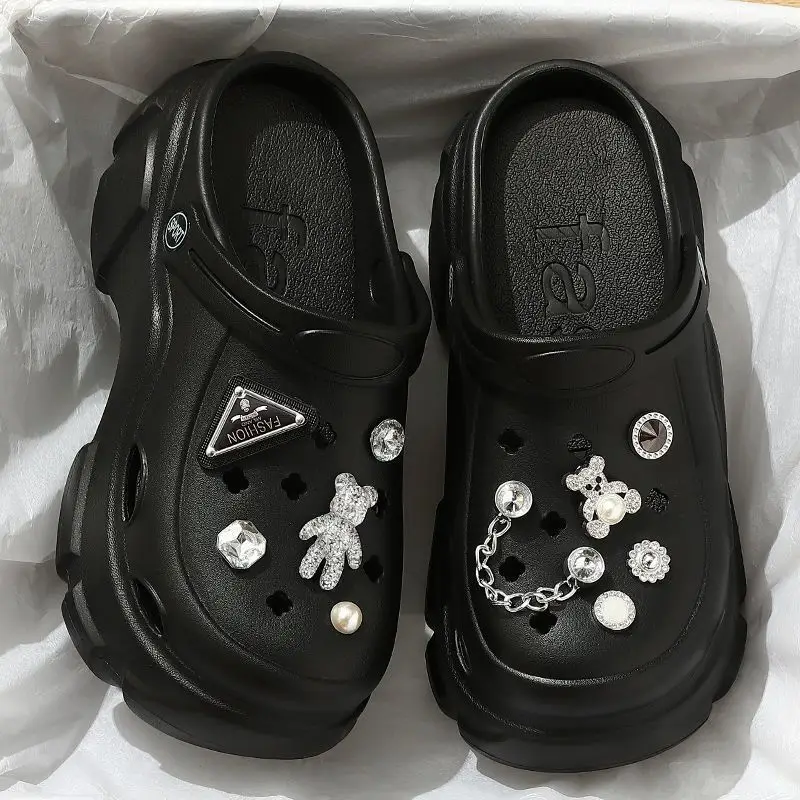 Women's Black Rhinestone Clogs Summer Sandals