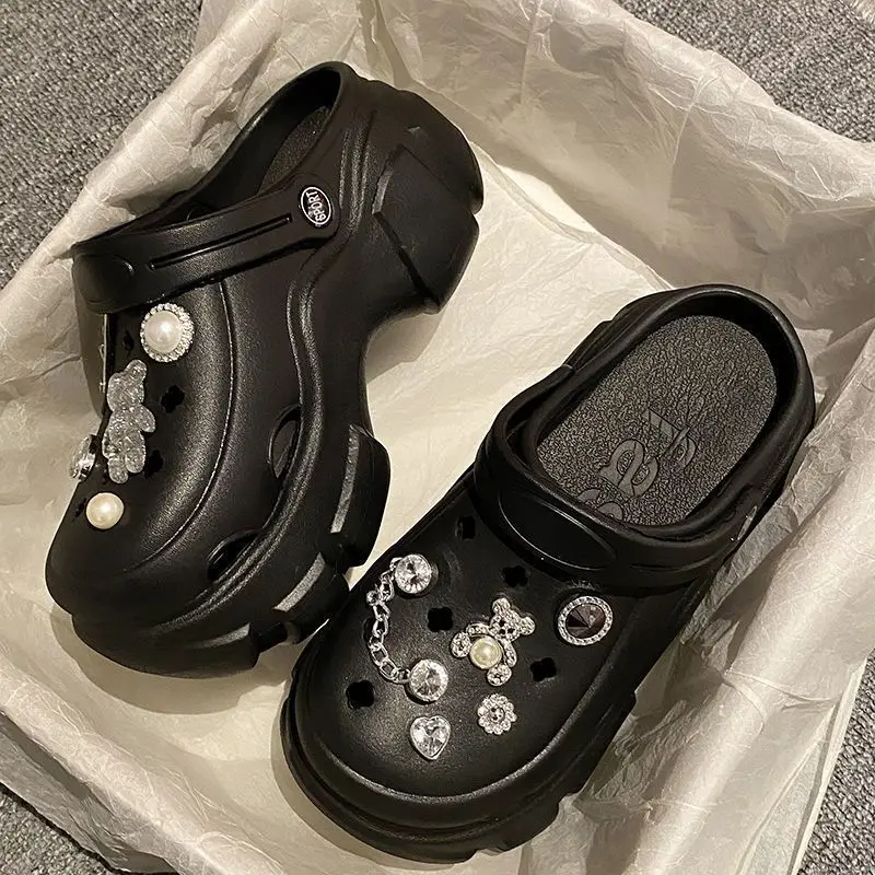 Women's Black Rhinestone Clogs Summer Sandals