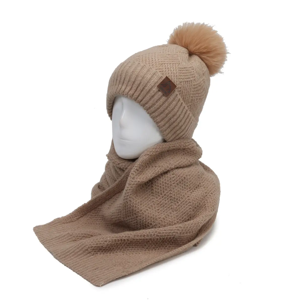 Ladies Winter Beige Knitted Hat & Scarf Set - Image 33