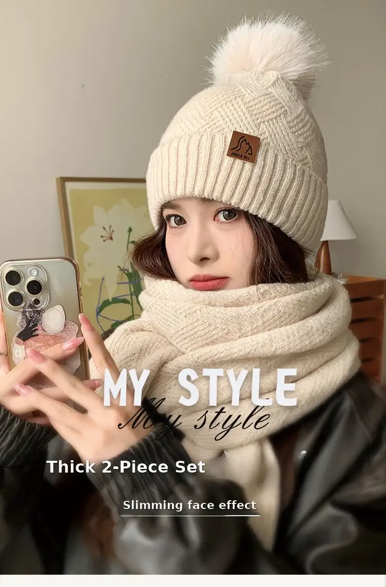 Ladies Winter Beige Knitted Hat & Scarf Set — feature 1