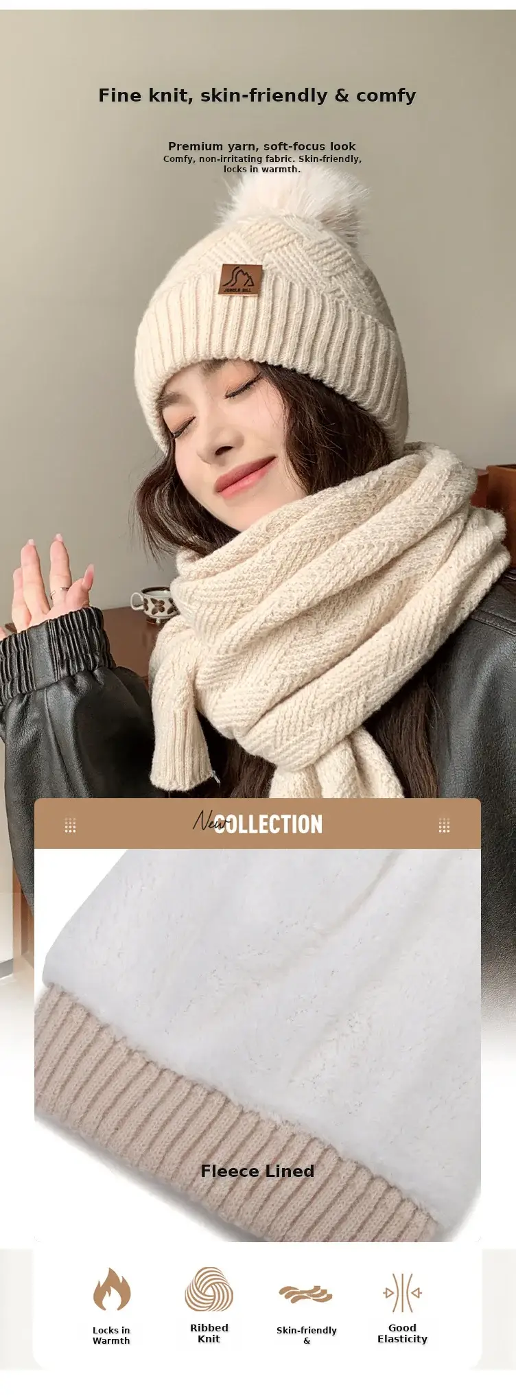 Ladies Winter Beige Knitted Hat & Scarf Set — feature 3