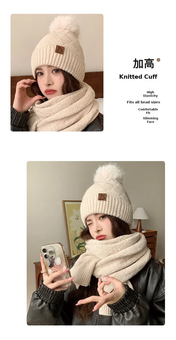 Ladies Winter Beige Knitted Hat & Scarf Set — feature 5